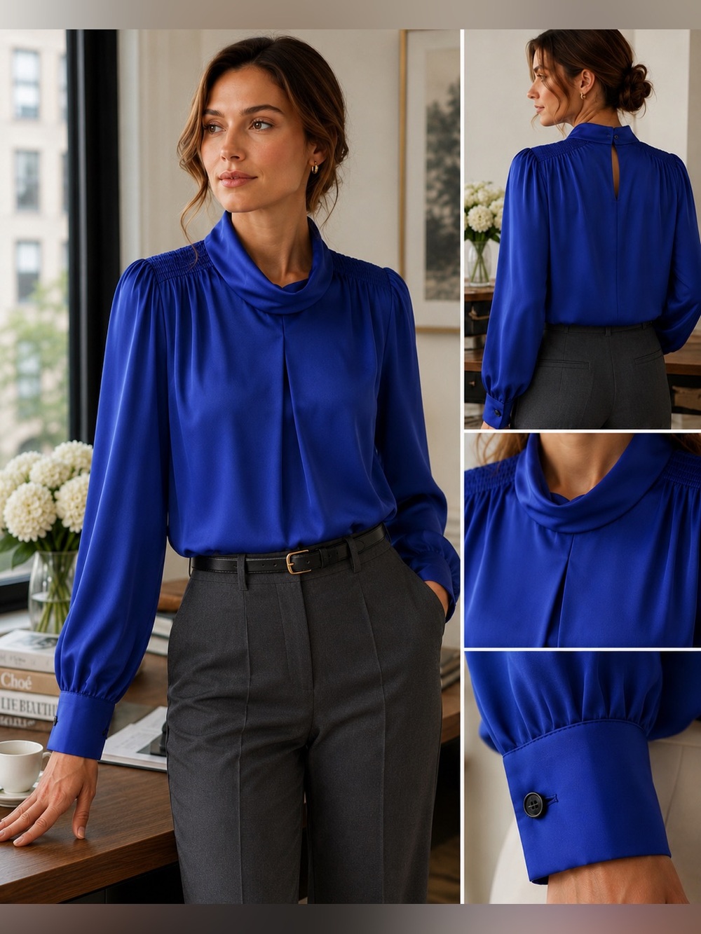 Flowy Fabric Cowl-Neck Blouse in Cobalt Blue